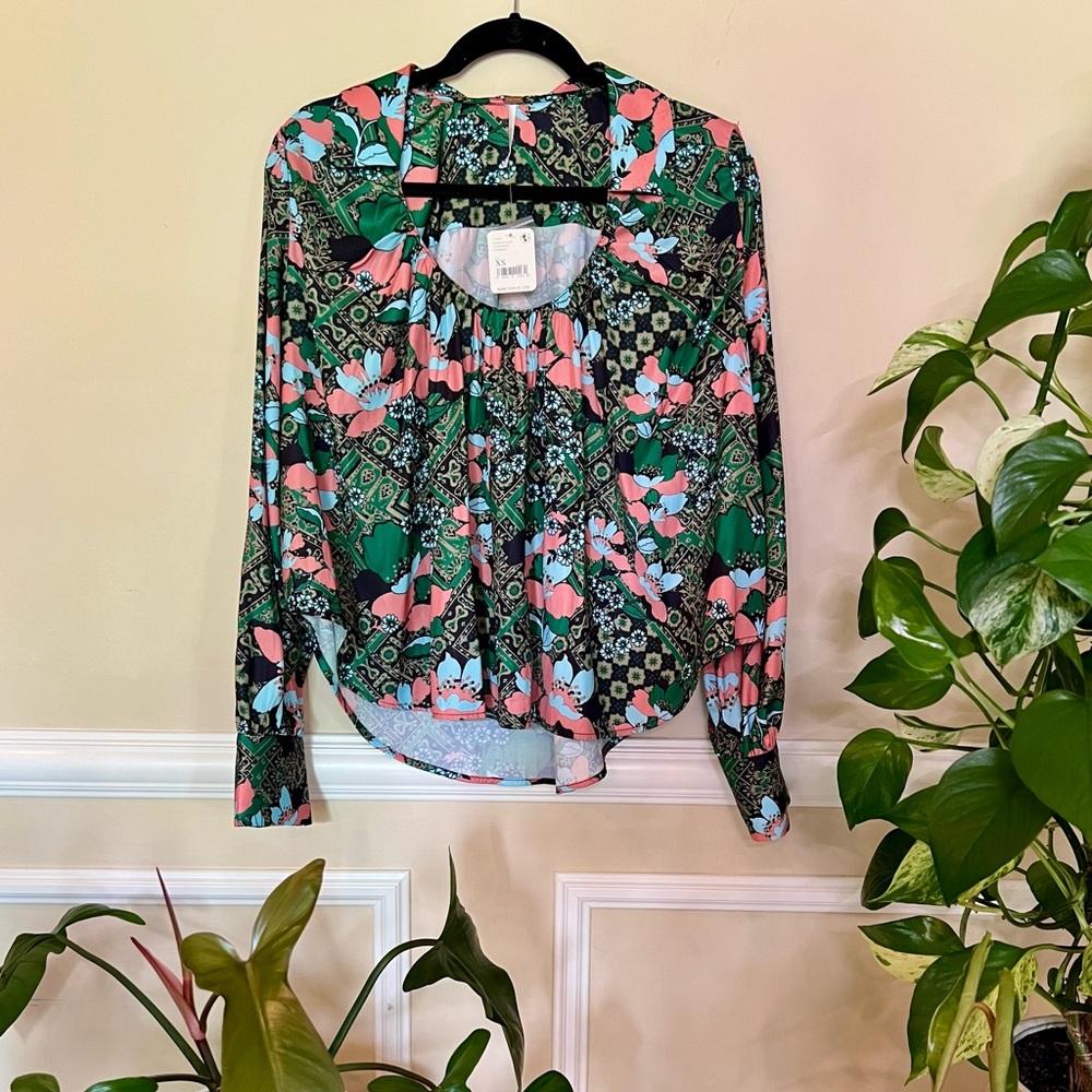 Free People Sage Floral Print U-neck Top In Emerald Combo NWT Size XS